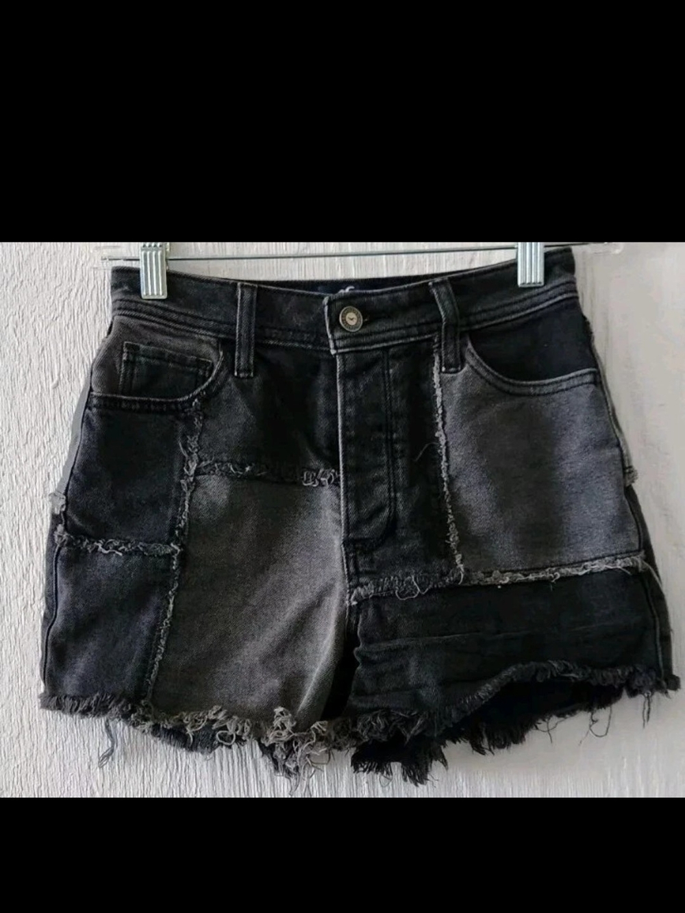 Hollister Black Patchwork Distressed Jean Shorts Frayed Button Fly Grunge Punk 9